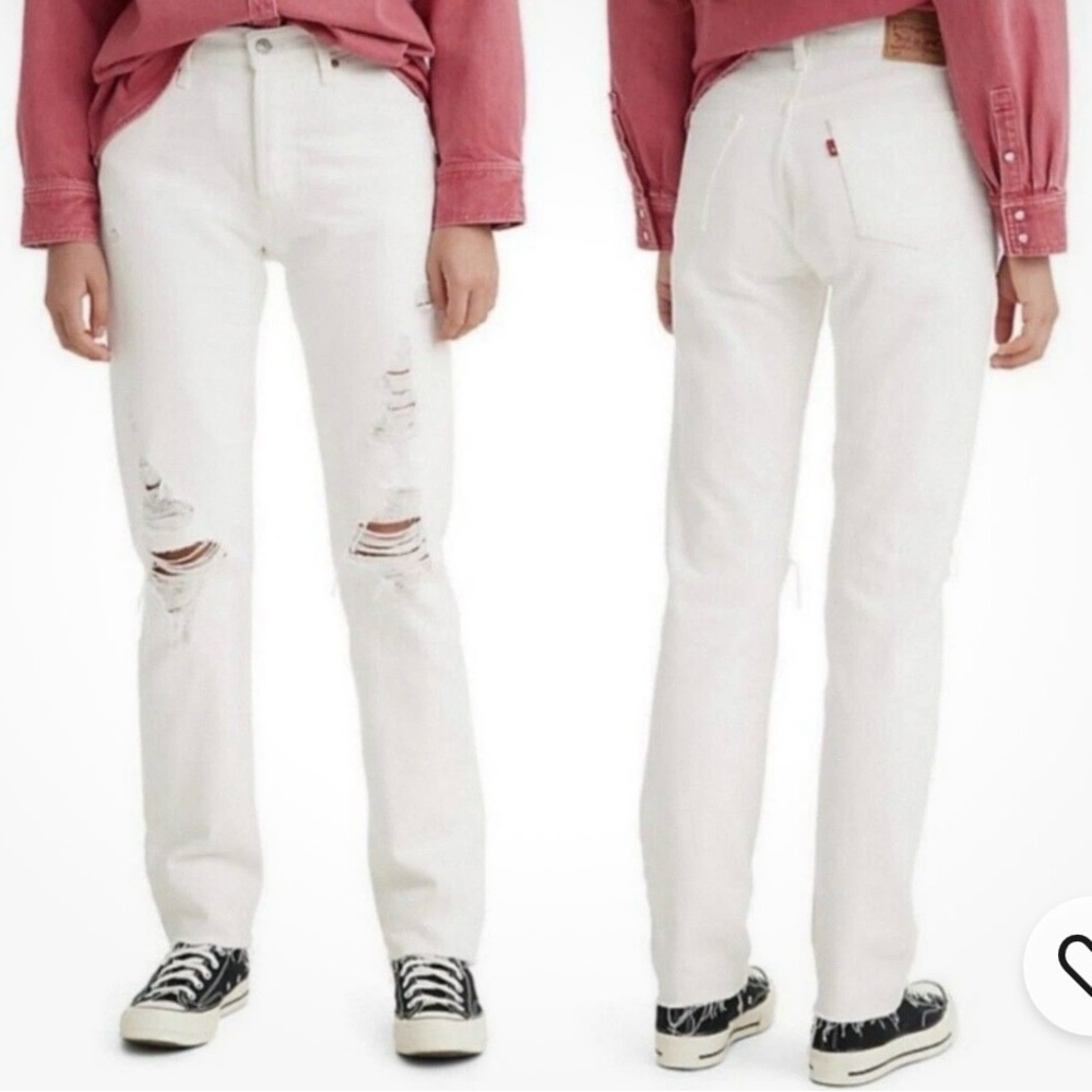 Levi’s 501 White High Rise Button Fly Distressed Raw Hem Jeans Size 32/30